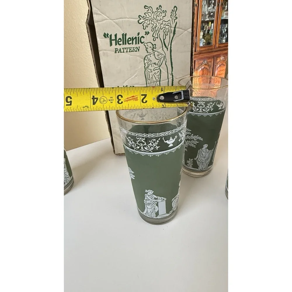 Vintage Jeannette‎ Glass Hellenic Green Grecian Glass Cups Set of 4- 16